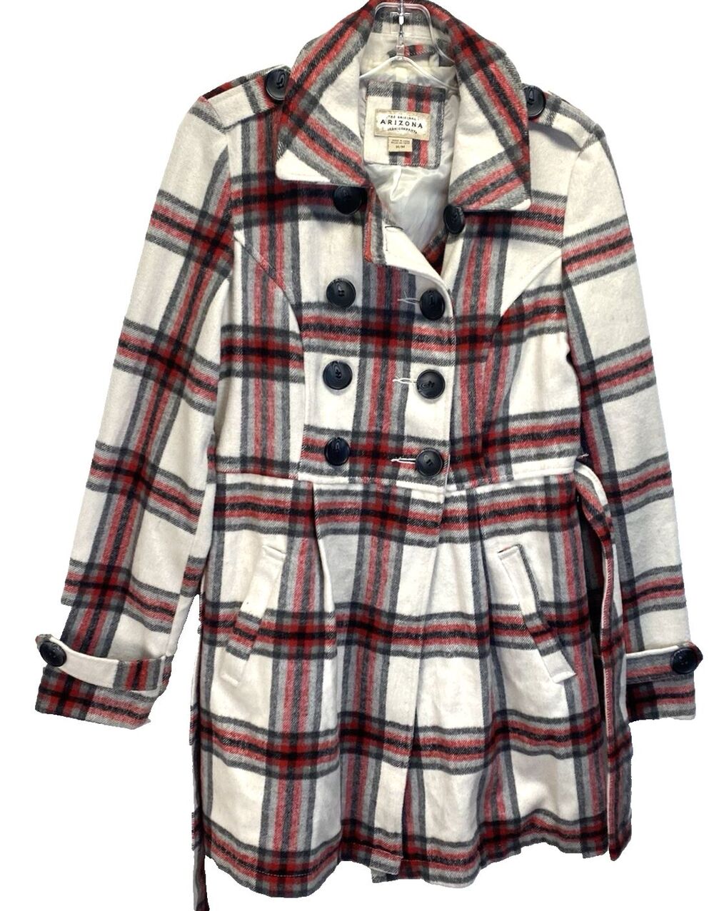 Arizona Jean Co Size Medium Belted Double Breasted Coat Peacoat Tartan Plaid Y2K